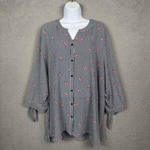Catherines Top Womens 3X Blue Stripe Butterfly‎ Lightweight Modest Office Career
